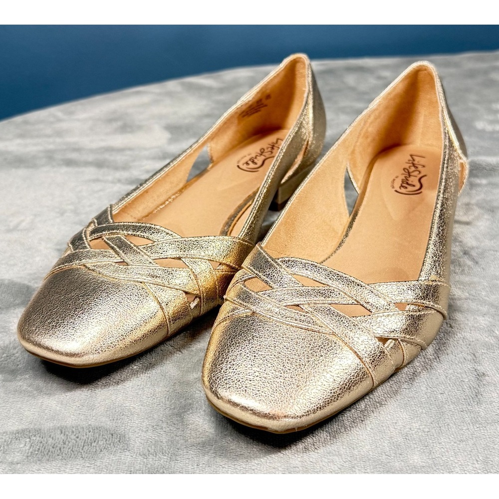 LifeStride Carmen Flats Womens 9.5W Gold Metallic Crisscross Slip On Ballet